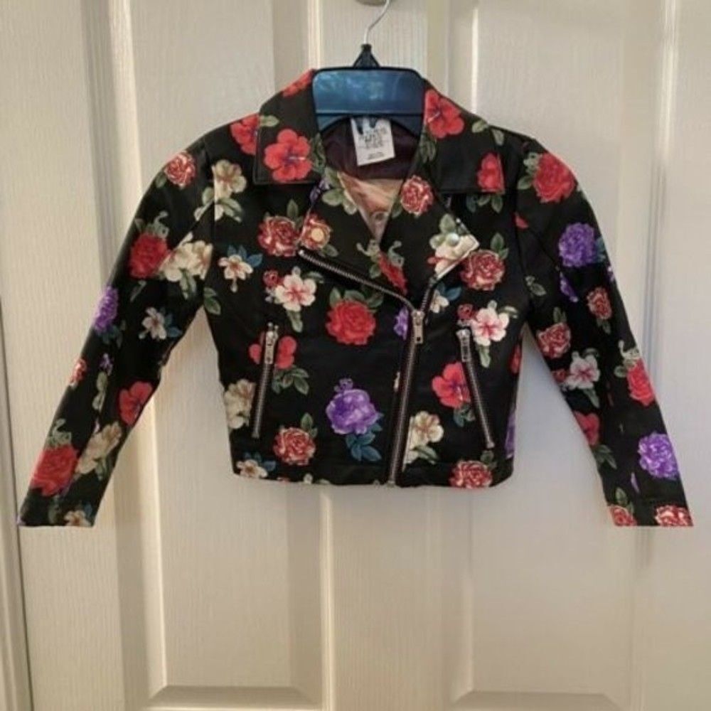 Disney Rapunzel Tangled Faux Leather Moto Jacket Black Floral Pascal Girls SZ 3